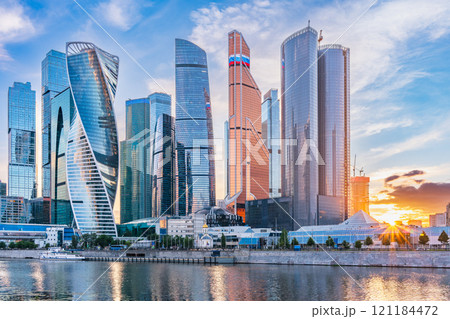 High buildings of Moscow-City at Moskva River at summer sunset, Russia. High buildings of Moscow-City at Moskva River at summer sunset, Russia. 121184472
