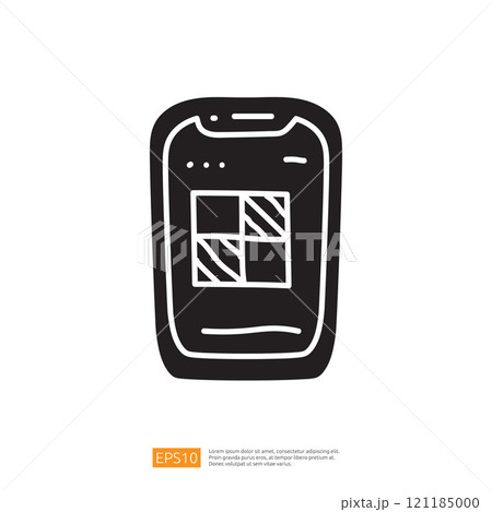 A simplistic illustration of a smartphone featuring a grid layout on its screen, representing a user interface or app display. 121185000