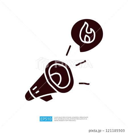 A stylized megaphone with a speech bubble featuring a flame symbol, suggesting communication about urgent or important topics. 121185503