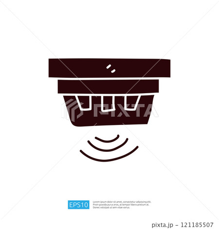 This image depicts a simple graphic representation of a smoke detector, illustrating its function with sound waves emanating from it. 121185507