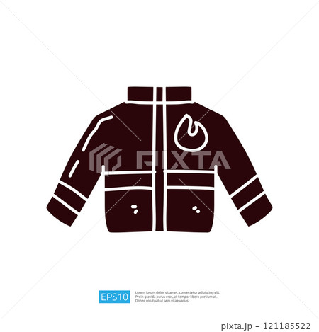 A simple illustration of a jacket featuring a flame design, symbolizing warmth or possibly fire safety. 121185522