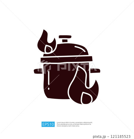 A simple illustration of a cooking pot with flames, symbolizing cooking or boiling food. 121185523