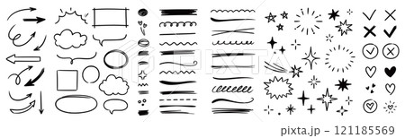 Line arrow hand drawn shape brush underline stroke element vector set. Hand drawn doodle sketch arrow, circle, star brush stroke scribble underline icon. Marker doodle heart vector Line arrow hand drawn shape brush underline stroke element vector set. Hand drawn doodle sketch arrow, circle, star brush stroke scribble underline icon. Marker doodle heart vector 121185569