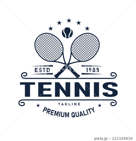 Retro Vintage Crossed Tennis Racket and Ball Logo Design, Sports Tournament Vector Illustration 121185610