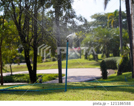 A sprinkler on the lawn in autumn in a park. Watering the grass on lawn a hot sunny summer day. 121186588