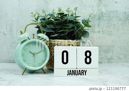 Wooden Calendar Showing the Date of January 8th. Day 8 of January month 121186777