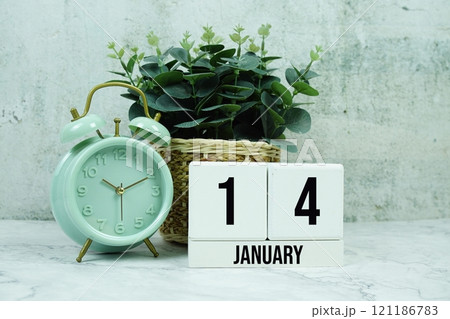 Wooden Calendar Showing the Date of January 14th. Day 14 of January month 121186783