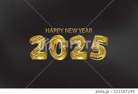 Gold glitter text Happy New Year 2025 on a sleek black background Gold glitter text Happy New Year 2025 on a sleek black background 121187249