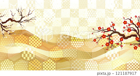 梅　節分　金　和柄　背景 121187917