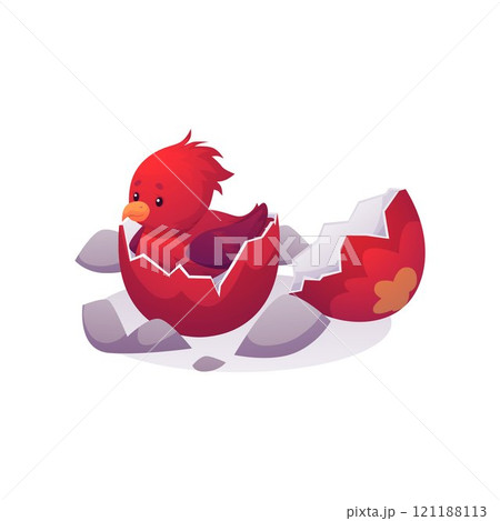 Fantasy magic cute red baby bird hatched from an egg, Phoenix fire newborn bird, vector flat fairytale mythical creature 121188113