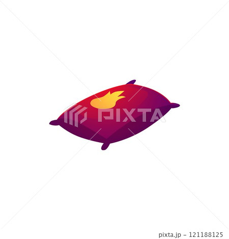 Vector illustration of a square pillow with burgundy tassels with a flame ornament. Vector illustration of a square pillow with burgundy tassels with a flame ornament. 121188125