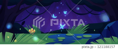 Vector illustration of night landscape with a magical swamp with glowing magic butterflies, greenery, trees Vector illustration of night landscape with a magical swamp with glowing magic butterflies, greenery, trees 121188157