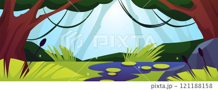 Vector illustration of a morning landscape with a magical swamp with bright greenery, 121188158