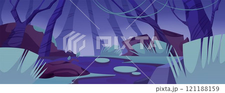 Vector illustration of a magical swamp with bright greenery, trees and vines Vector illustration of a magical swamp with bright greenery, trees and vines 121188159
