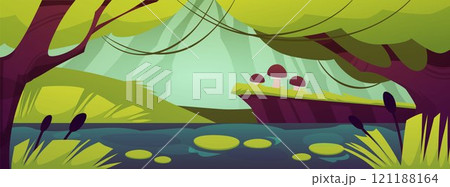 Forest swamp landscape, summer scenery with pond mushrooms, reeds, trees, rainforest river marsh cartoon game background 121188164