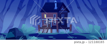 Wooden stilt house in deep forest on swamp at night, vector cartoon dark game landscape with hut in river marsh, trees 121188165