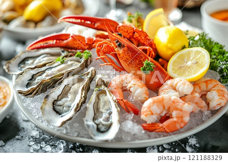 A luxurious seafood platter featuring oysters, lobster, shrimp, and lemon wedges, elegantly served 121188329
