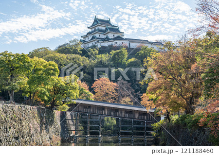 和歌山県和歌山市　紅葉の季節　快晴の和歌山城天守と御橋廊下 121188460