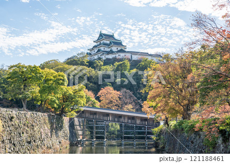 和歌山県和歌山市　紅葉の季節　快晴の和歌山城天守と御橋廊下 121188461