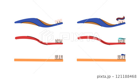 Collection of toothbrushes and toothpaste. Dentistry concept, oral care. Different toothbrushes designs with different paste. Colorful vector set 121188468