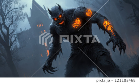 menacing demon with glowing tattoos and sharp claws menacing demon with glowing tattoos and sharp claws 121188469