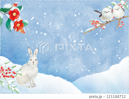 冬季動物和植物背景畫水彩 121188712