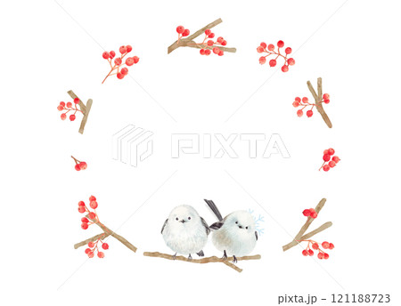 水彩で描いた冬の赤い木の実とシマエナガ 121188723
