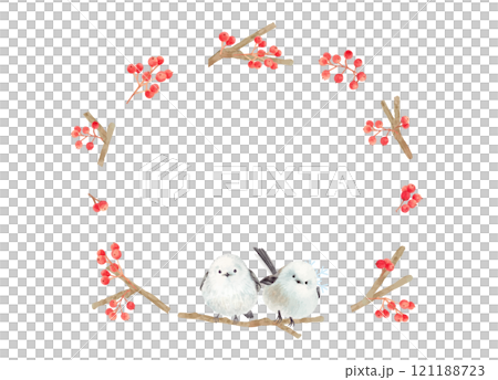 水彩で描いた冬の赤い木の実とシマエナガ 121188723