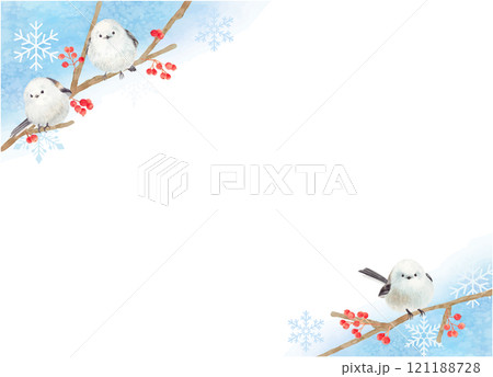 水彩で描いた冬の赤い木の実とシマエナガ 水彩で描いた冬の赤い木の実とシマエナガ 121188728