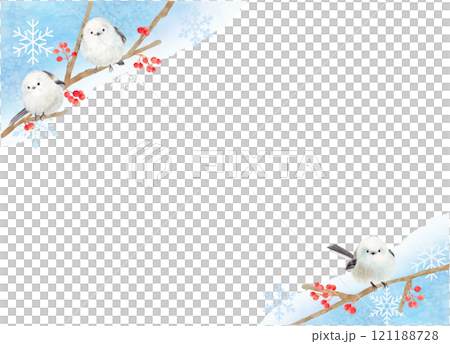 Watercolor winter red berries and Japanese tit 121188728