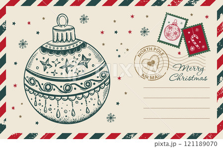 Christmas mail, postcard with ball, hand drawn illustration. Christmas mail, postcard with ball, hand drawn illustration. 121189070