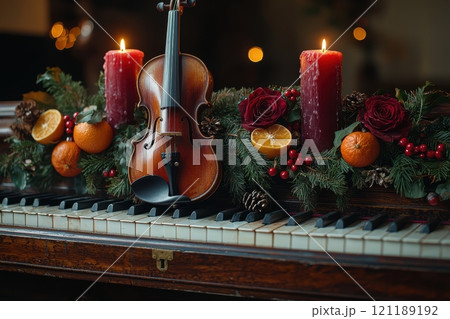 Enjoy the festive piano music, violin, and glowing candles for holiday cheer and spirit 121189192