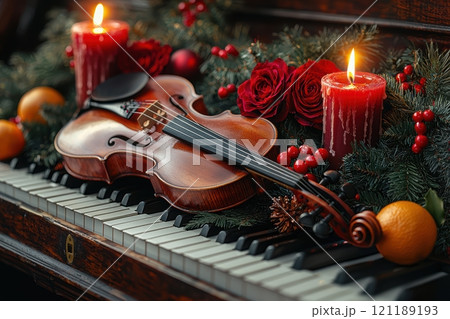 A festive scene with a violin on a decorated piano, surrounded by cheerful holiday decor 121189193