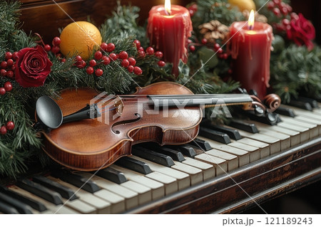 A Festive Violin Positioned on a Piano, All Surrounded by Beautiful Holiday Decorations 121189243