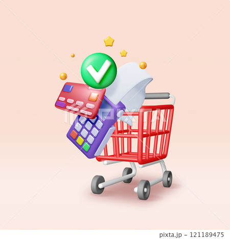 3D payment terminal with card and shopping cart 3D payment terminal with card and shopping cart 121189475