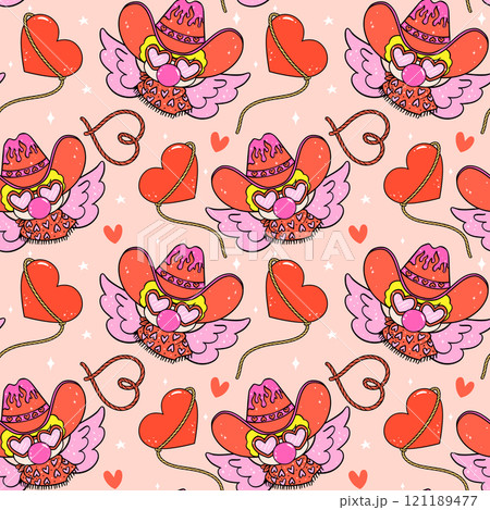 Groovy Retro Valentine Seamless Pattern Cowboy Cupid Western cartoon isolated on background 121189477