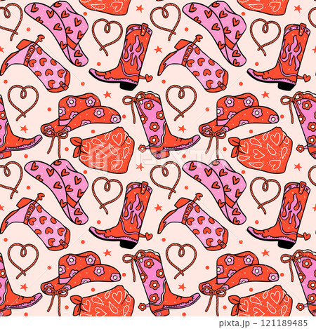 Retro Valentine Seamless Pattern Girly Cowboy Hat and boots Cartoon isolated on background 121189485