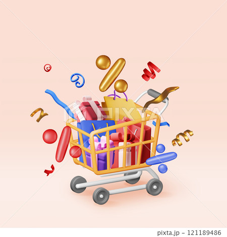 3D shopping or gift bag in shopping cart 3D shopping or gift bag in shopping cart 121189486