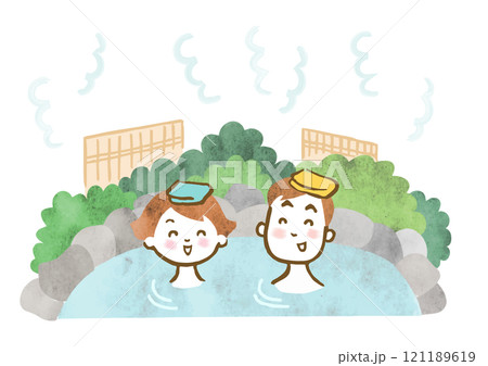 温泉に入っている男女の手描きイラスト 温泉に入っている男女の手描きイラスト 121189619
