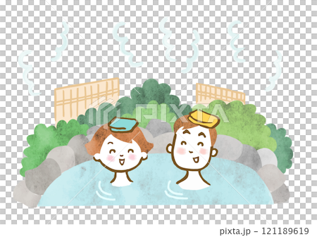 温泉に入っている男女の手描きイラスト 温泉に入っている男女の手描きイラスト 121189619