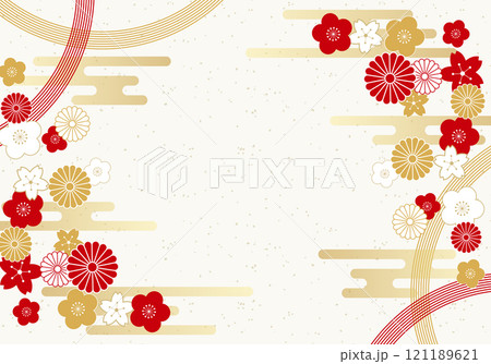 和柄と華やかな花の和紙年賀状背景素材1 121189621