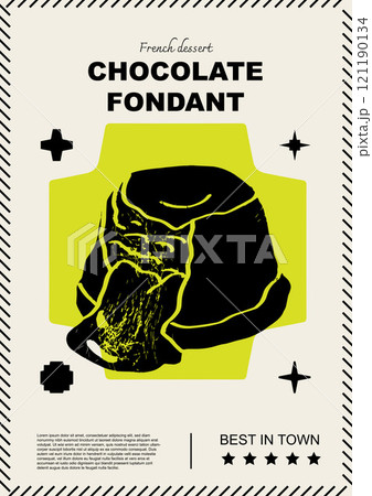 French chocolate fondant. Price tag or poster design. Set of vector illustrations. Typography. Engraving style. Labels, cover, t-shirt print, painting.	 121190134