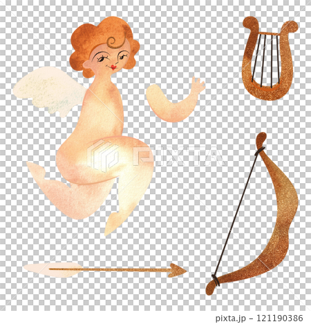 Cupid or Amor, Greek god of love. Set with bow, arrows and lyre. Golden-haired baby with wings. Character. Isolated watercolor illustration for valentine. Clipart. Cupid or Amor, Greek god of love. Set with bow, arrows and lyre. Golden-haired baby with wings. Character. Isolated watercolor illustration for valentine. Clipart. 121190386