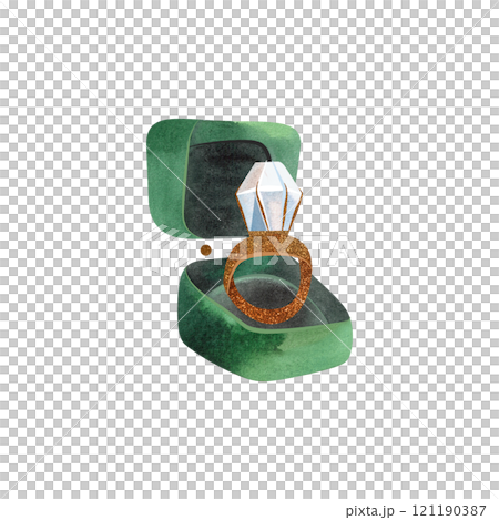 Engagement. Marriage proposal. Open box with golden ring with diamond. Bride attribute. Isolated watercolor illustration. 121190387