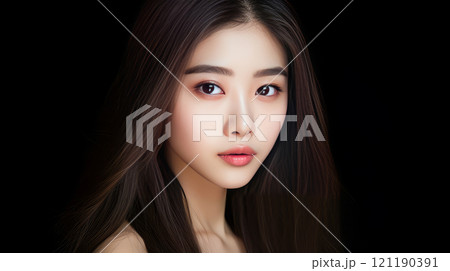 Portrait of smiling asian teenager girl black background. 121190391