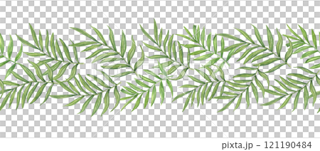 Watercolor green areca palm or Cycas leaves horizontal banner. Tropical leaf branches floral summertime illustration for wedding textile, travel package decor, cosmetic design 121190484