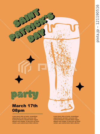 Saint Patrick's Day party flyer, Irish ale, beer. Set of vector illustrations. Flat design. Typography. Background for a poster, t-shirt or banner.	 121190516