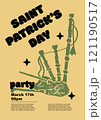 Saint Patrick's Day party flyer, bagpipe. Set of vector illustrations. Flat design. Typography. Background for a poster, t-shirt or banner.	 121190517