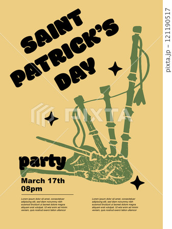 Saint Patrick's Day party flyer, bagpipe. Set of vector illustrations. Flat design. Typography. Background for a poster, t-shirt or banner.	 121190517