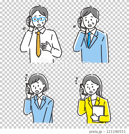スマホを持って焦るスーツ姿の男女のイラスト 121190551